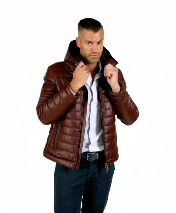 
TEO Red Purple Color Nappa Lamb Leather Hooded Down Jacket 