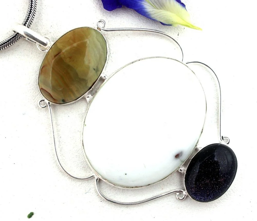 92.5 Sterling Silver Natural Agate Blue Sun Stone Smooth Oval Shape Gemstone Charm Pendant With Snake Chain