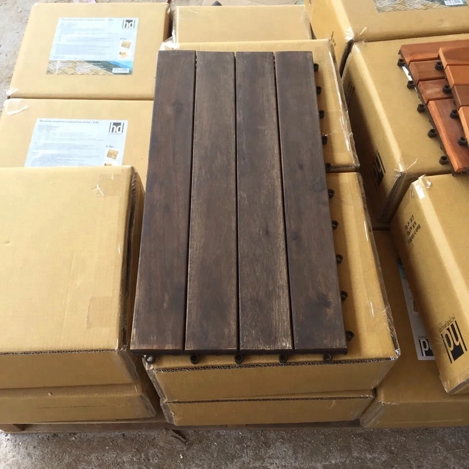 Interlocking Removable snap Acacia Teak look Deck tiles Outdoor floor wood Decking plastic base Vietnam quality
