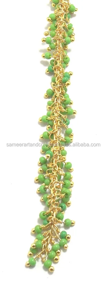 Green Chalcedony Wire Wrapped Gold Plated Natural Multi Gemstone Jewelry Bulk Cluster Rosary Coin Charm Chain