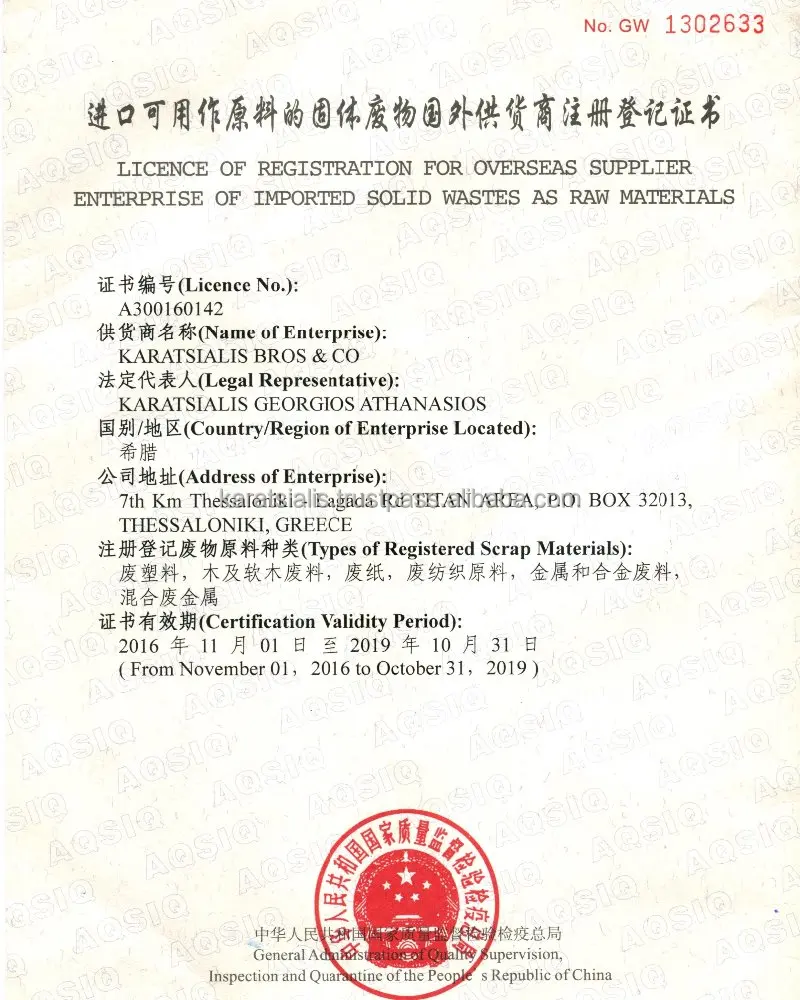 
AQSIQ CERTIFICATE AND AND CCIC for TEXTILE WASTE / SCRAP. 