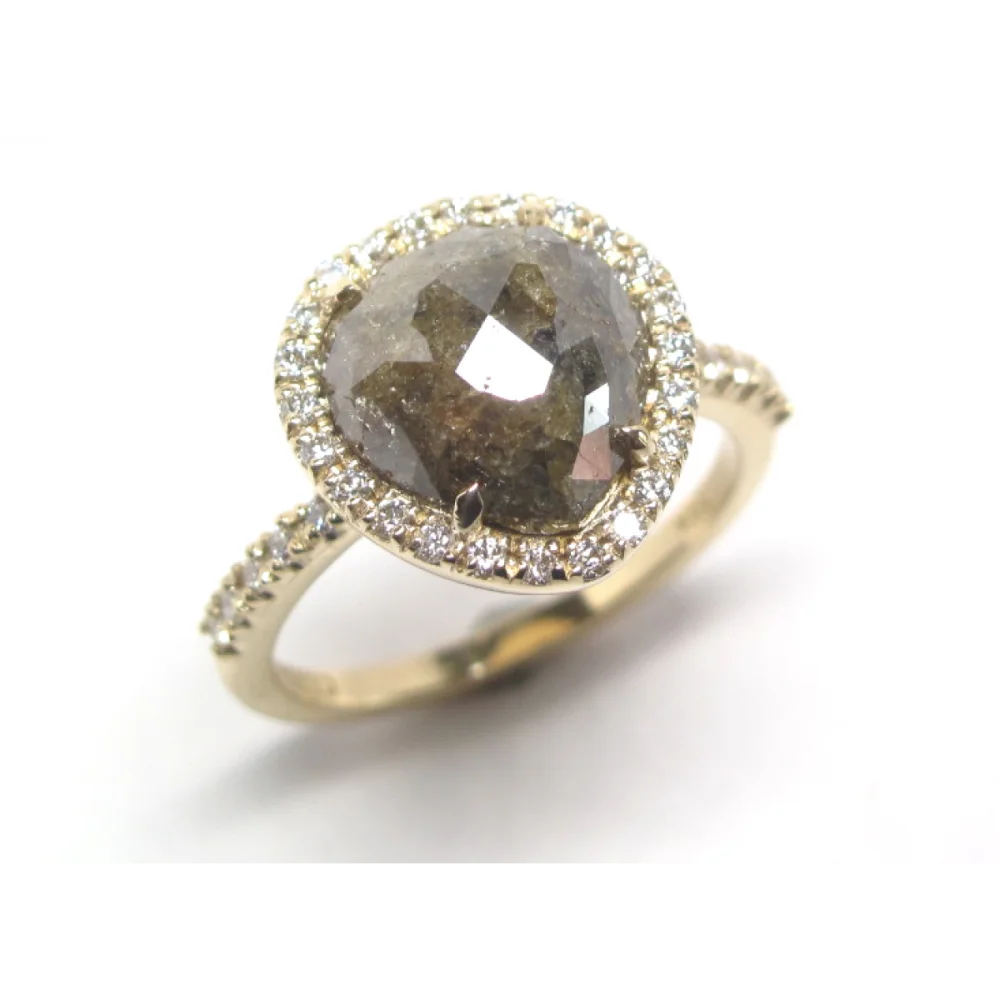 Latest Design 1.55 Carat Fancy Pear Shaped Salt and Pepper Diamond Ring With Halo For Engagement 14k Yellow Gold