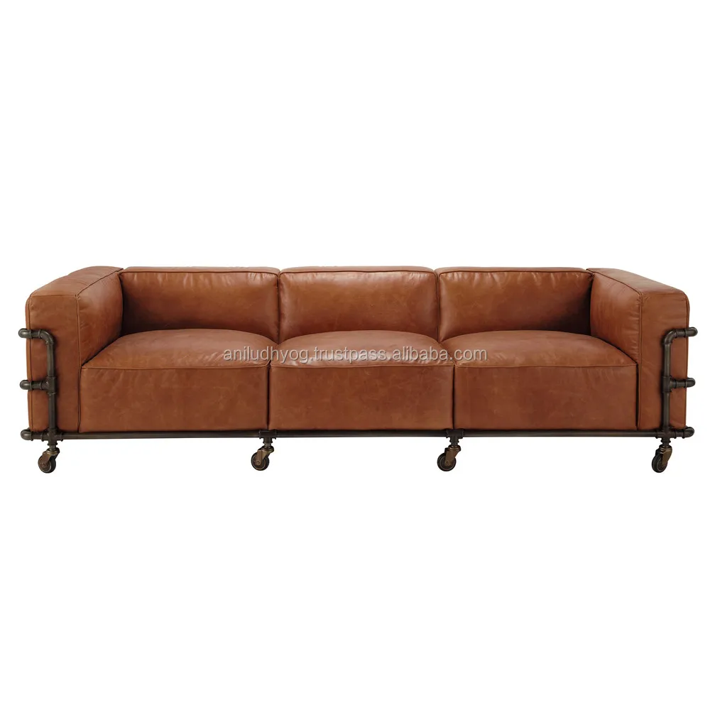 Industrial four -Seater Leather Sofa,Leather sofa with cast iron wheels