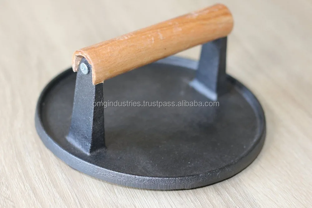 OMG Industries Cast Iron custom smash round burger press hamburger patty maker steak weight bacon grill meat press with wooden h
