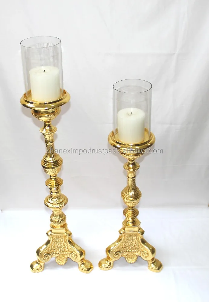 Centerpiece Candle Holder Funnel Tripod Candelabra, Set of 2, Wedding/home Decoration with Glass Beautiful Baroque Emboss Golden