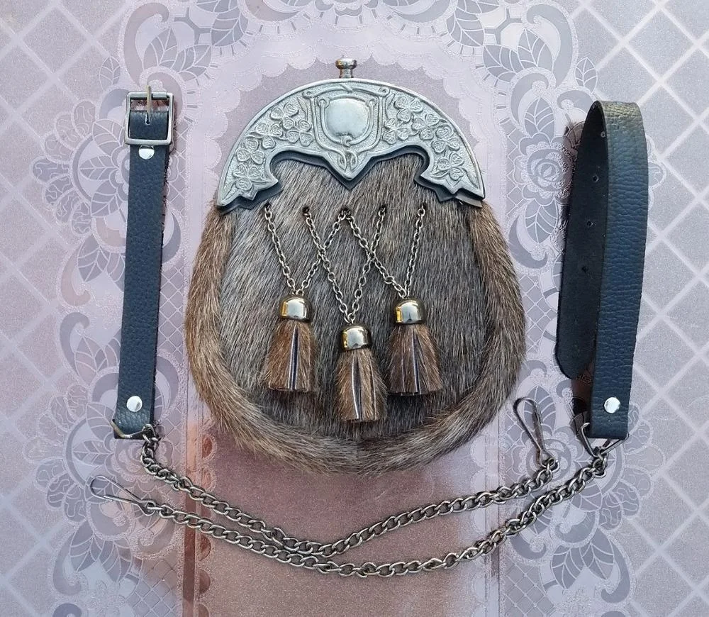 Scottish Highlander Original Cowhide Leather Custom Made Rabbit hair sporran made in original rabbit fur Sporran