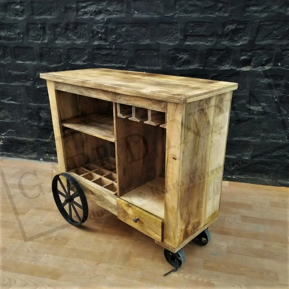 Industrial Mango Wood Bar Serving Trolley , Vintage Bar Drink Cart