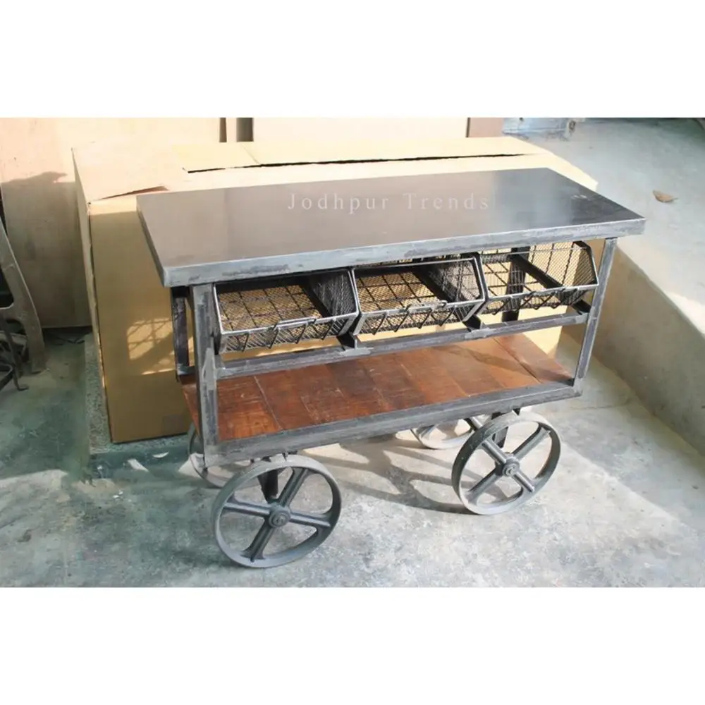 Industrial Antique Wood Metal Kitchen Cart Trolley for Restaurant