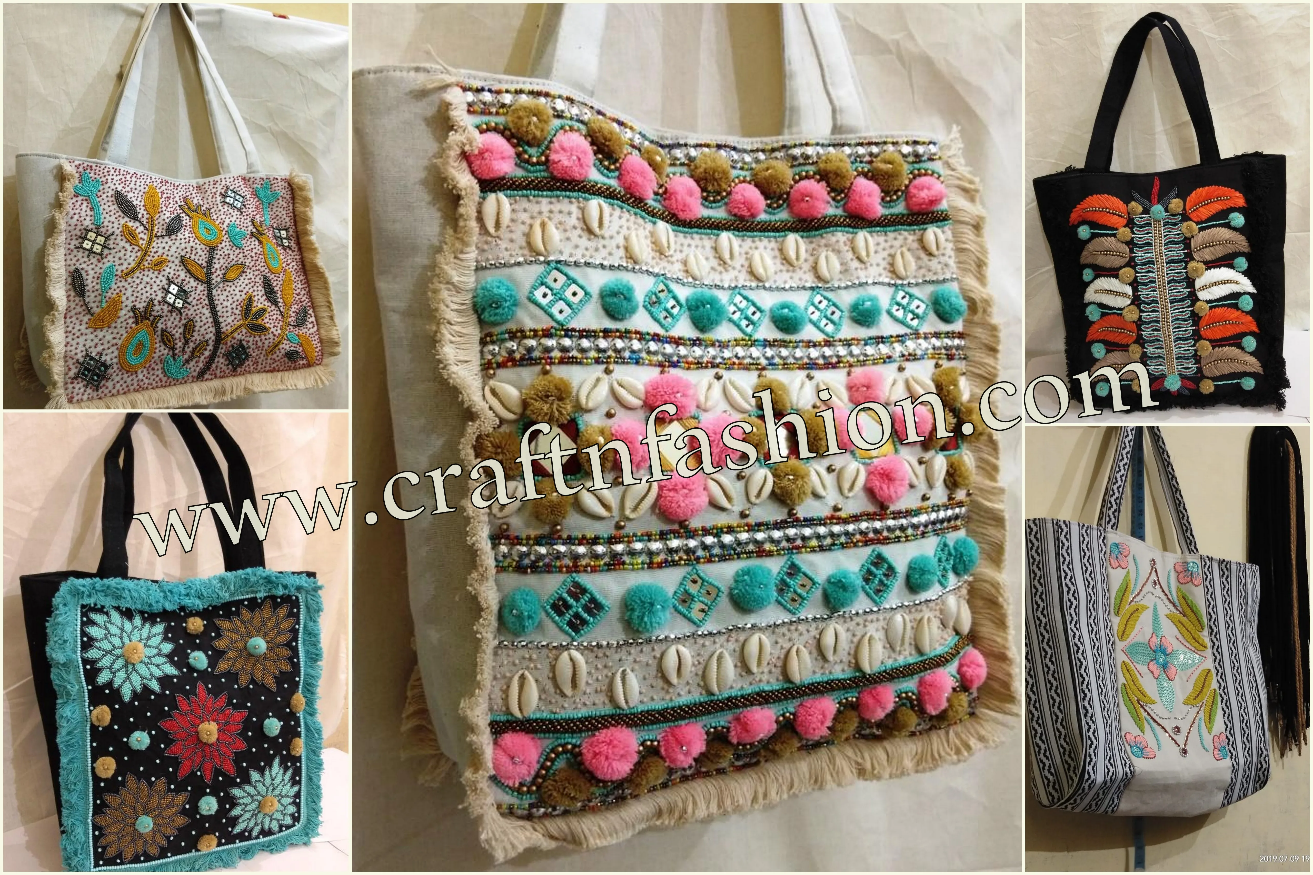Bohemian Banjara Beaded Clutch Purses - Women Fashion Pom Pom Shells Beaded Bag - Fringe Clutches - Colorful Coins Beaded  Purse