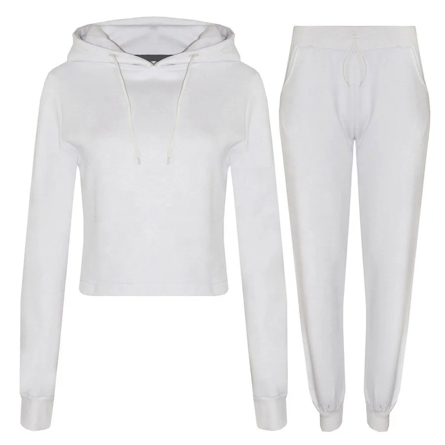 New Fashion Womens Training Jogging Crop Hood Tops And Full Trouser With 2 Side Pockets Tops And Bottom