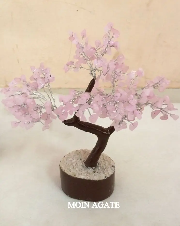 Latest Rose Quartz 200 Chips Silver Wire Gemstone Tree With Wooden Base Chakra Stone For Used As Chakra Tree