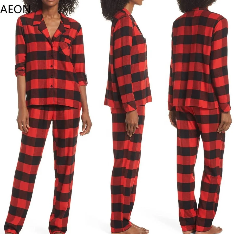 Wholesale women cotton pajamas set red plaid pants pajama bottoms plaid flannel shirts custom pj set