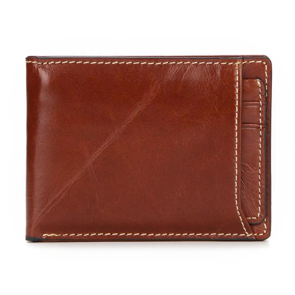 Short Type Men Business Vintage Crazy Horse Genuine Cow Leather RFID Blocking Credit Cards Holder Money Clip