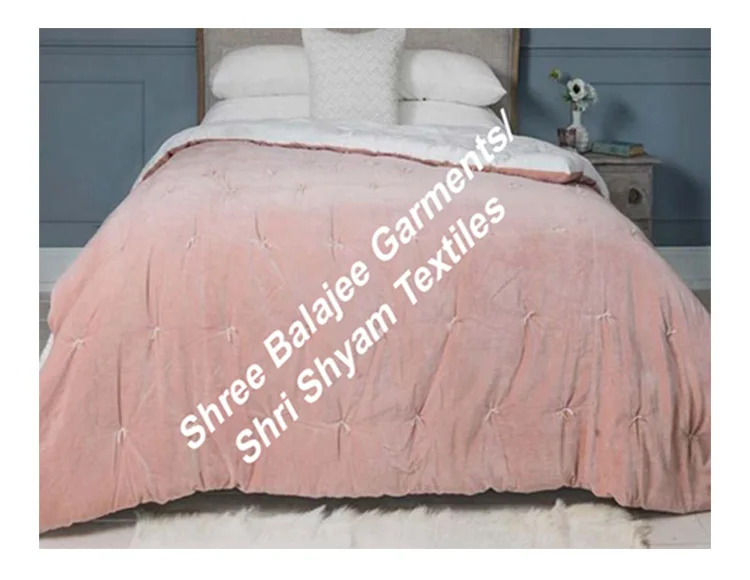 Indian Pink Velvet Twin Queen King  Bedding Quilts Pebble Velvet Handmade Block Printed Reversible Kantha Bed Cover Blankets