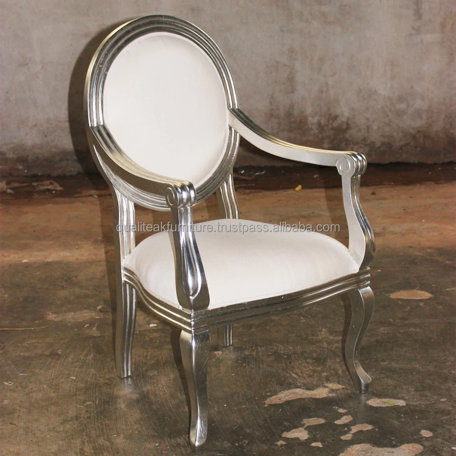 Antique reproduction french dining chair with linen upholstery silver leaf finish