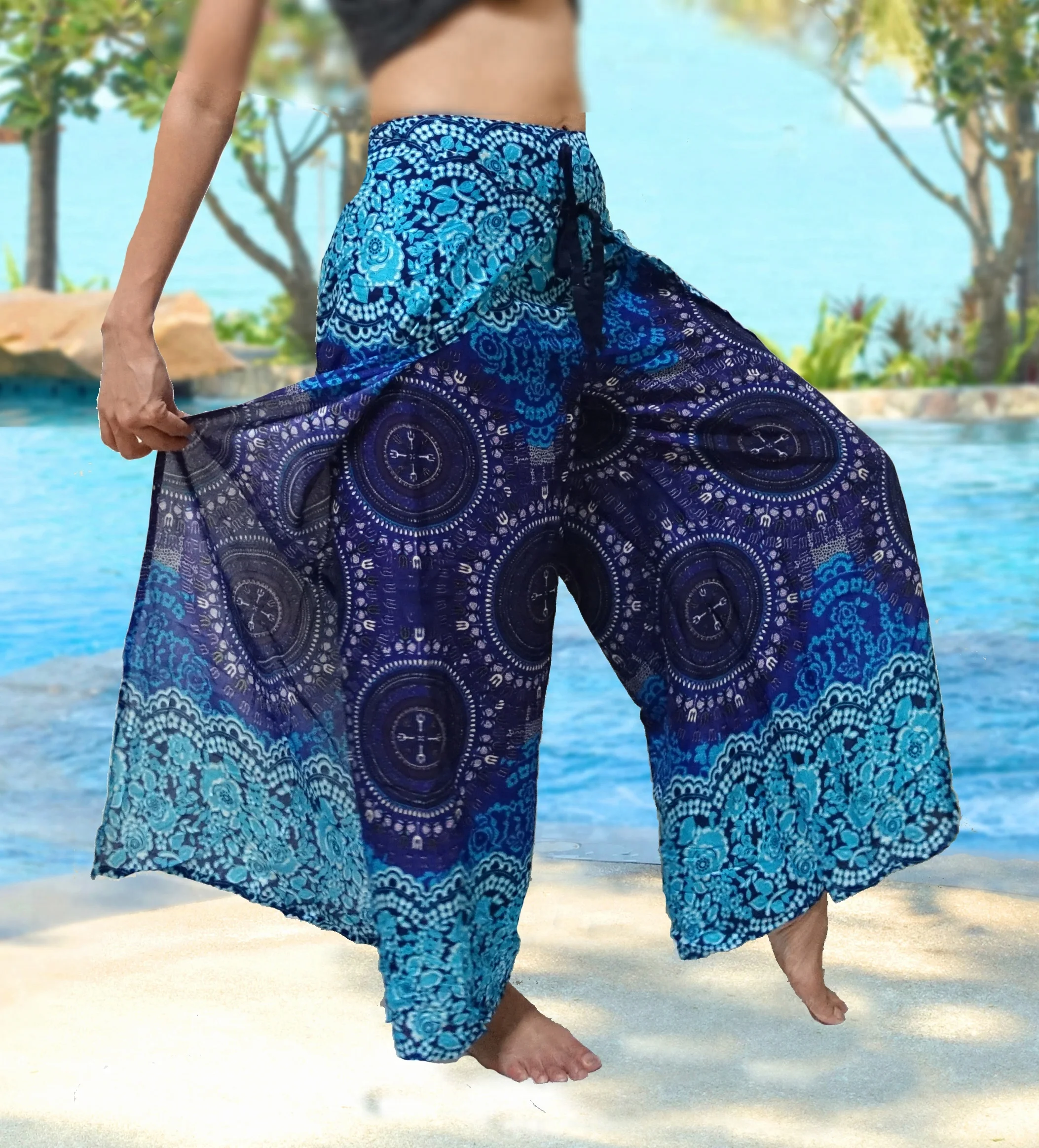 Mandala Dashiki Print BOHO Harem Wide Legs Pants Gypsy Yoga Belly Dance Art Fisherman skirt Maxi Sarong Wrap tie pants