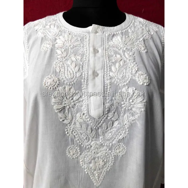 Cotton chicken embroidery kurti short tunic white chicken embroidered blouse top