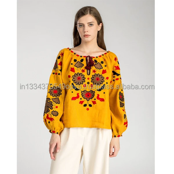 Superb Vintage Ukrainian Linen Tassel Tie Neck Women Blouse Bright Golden Yellow Ethnic Motives Colorful Embroidered Shirt Top
