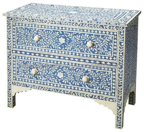 Handmade Two-Drawer Chest of Drawers Mango Wood Living Room Furniture with Elegant Floral Pattern