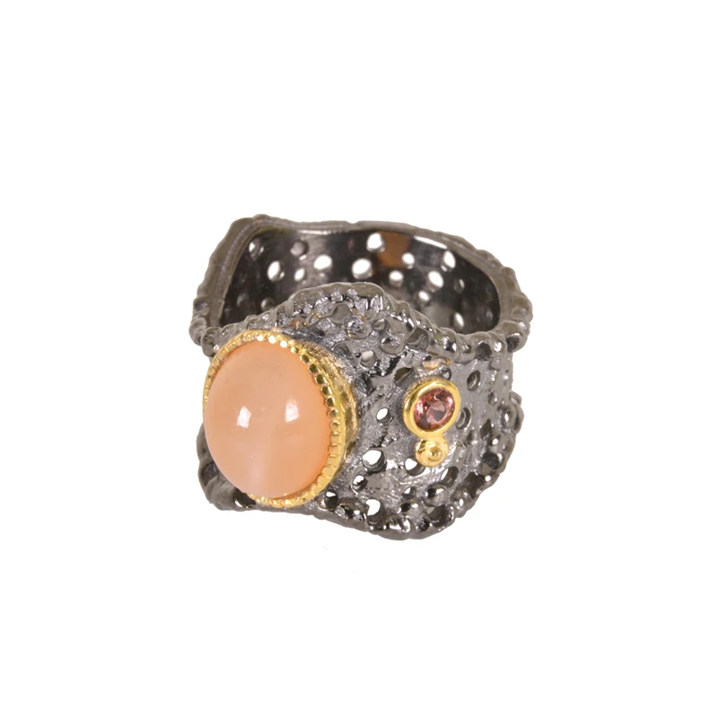 New Designer Gold Plated two tone Jewelry 925 Sterling Silver Pink Moonstone and Garnet Black Rhodium Plated Ring
