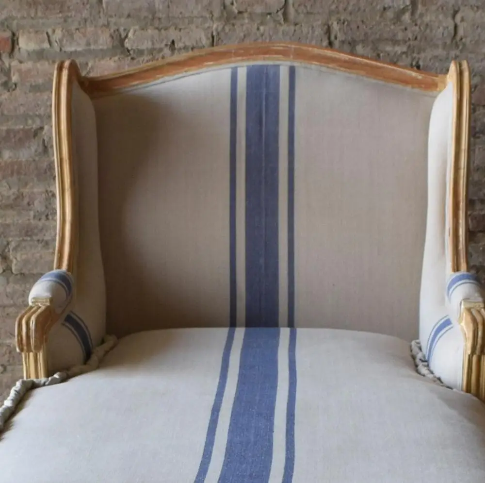 FRENCH FURNITURE CHAISE LOUNGE BLUE STRIPE LINEN