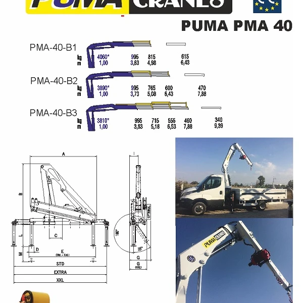 PUMA PMA 40 Truck Mounted Knuckle Boom Crane 3 Ton Rated Load Rated Load PUMA Engine 7 Max Lifting Height