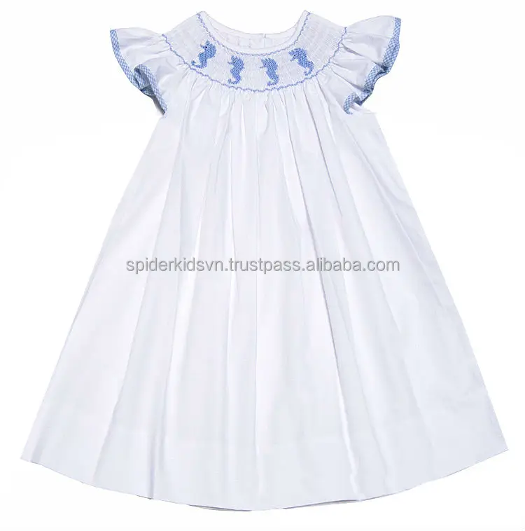 
Infant/Tolder Girl White Smocked Blue Seahorses Angel SleeveBishop Dress 