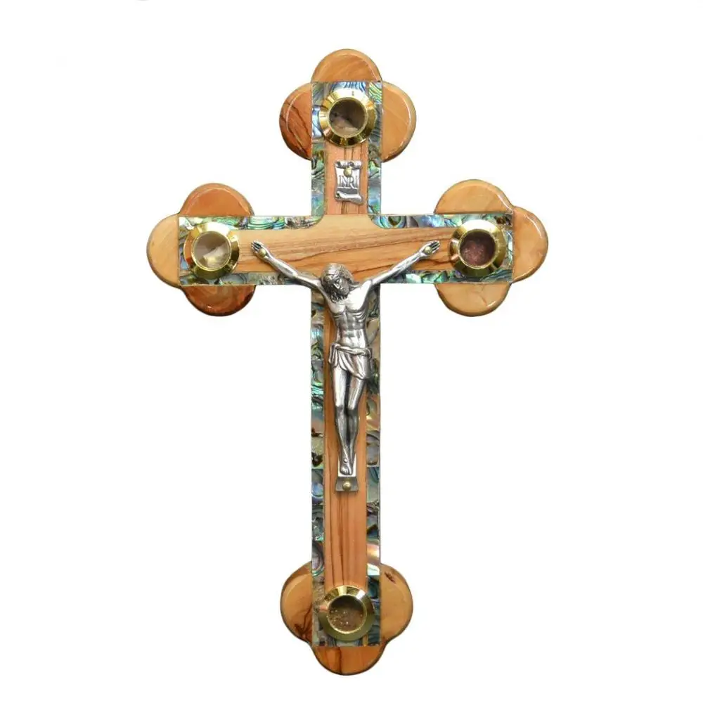 bethlehem olive wood factory supplier easter hand made wall cross with mother of pearl