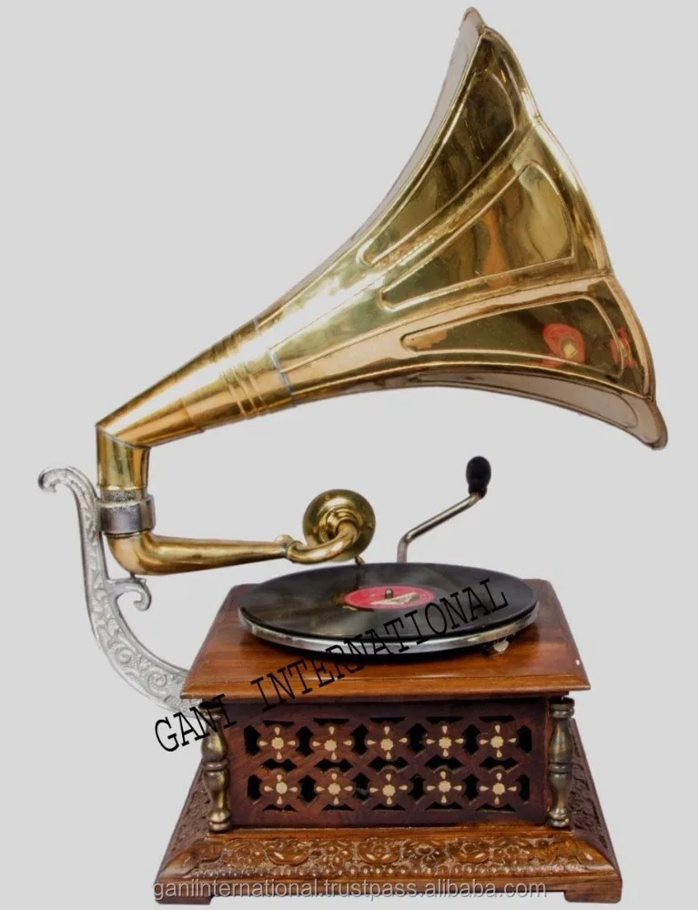 Antique Brass Gramophone Vintage Original Musical Box Phonograph with wooden Base