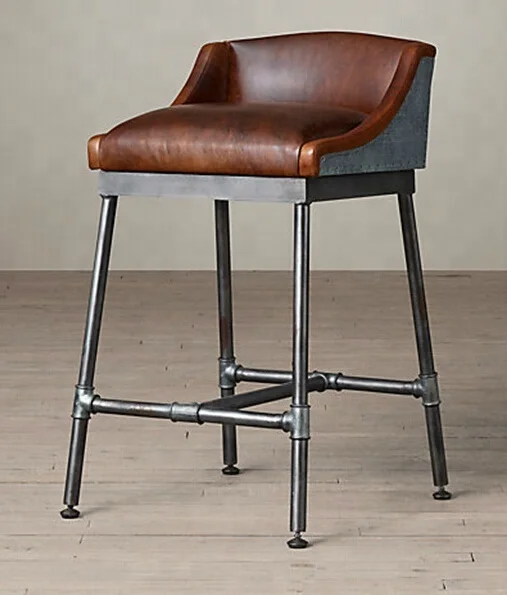 Industrial & vintage Iron metal & Genuine leather seat tall bar chair