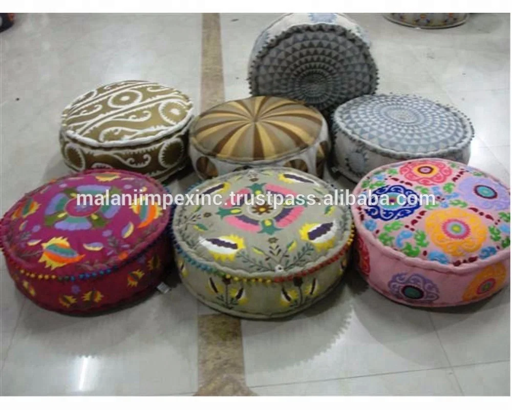 Bohemian living room decor embroidered cotton pouf AND floor pillow puff