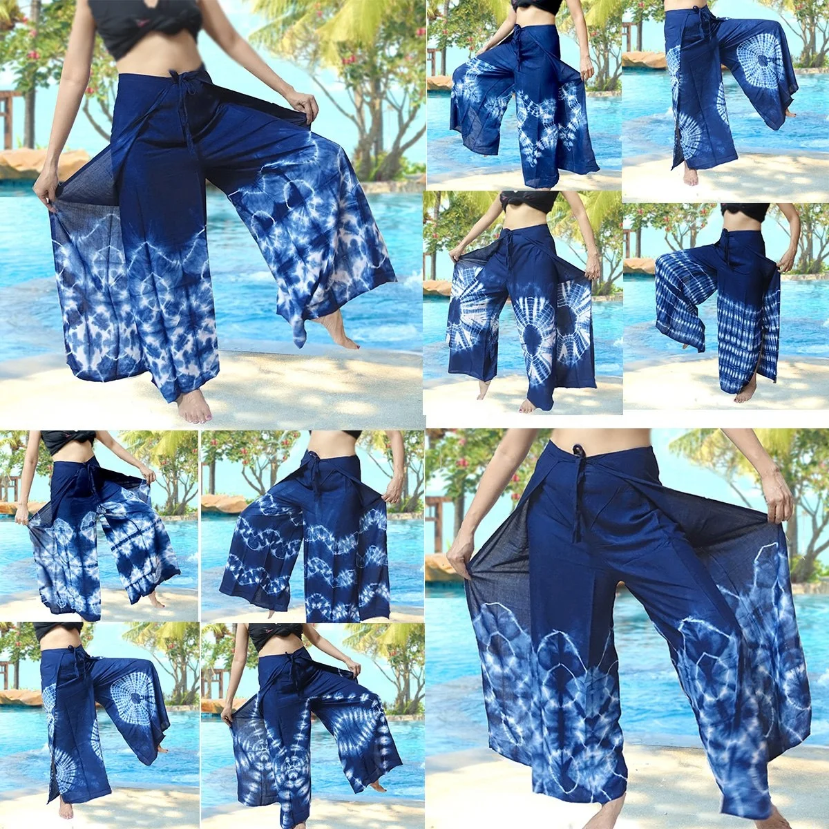 Handmade Blue Indigo BOHO harem wide legs pants gypsy yoga belly dance art pallazo Wrap Sarong strings Tie Pants