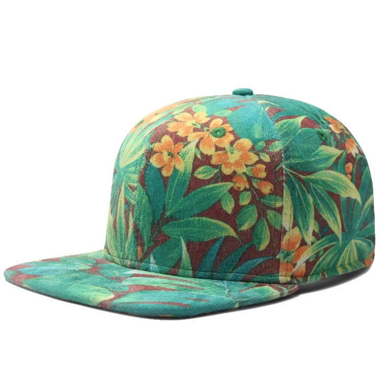 Custom design flat tropical floral snapback hats, hawaiian print snapback caps
