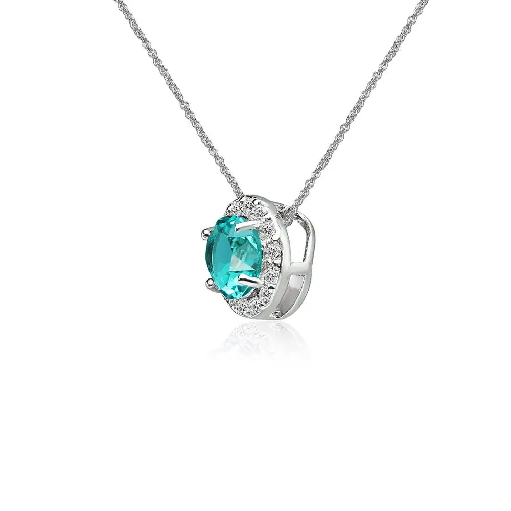 925 Sterling Silver Crystal Blue Zircon Round Halo Slide Short Choker Necklace