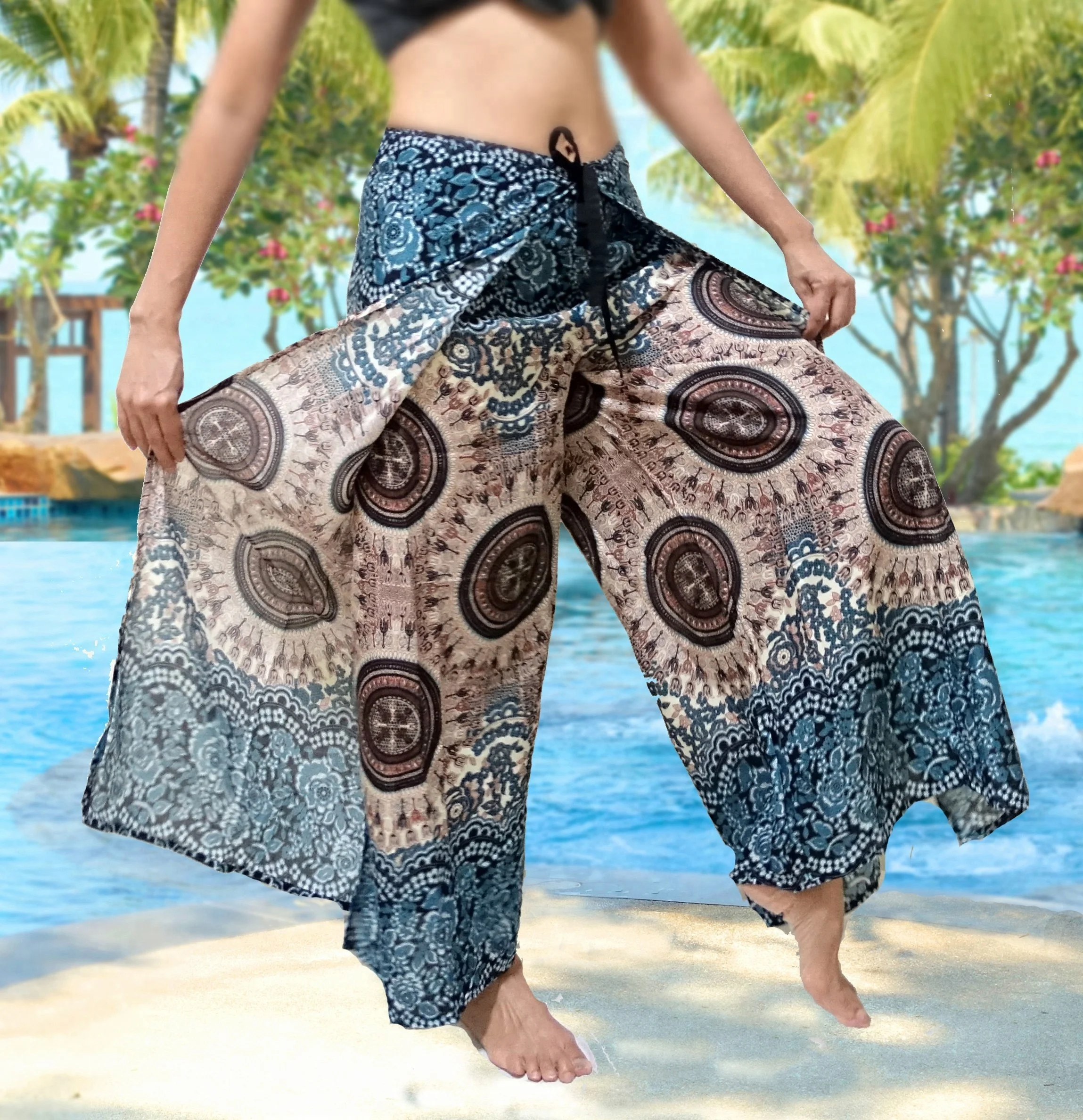 Mandala Dashiki Print BOHO Harem Wide Legs Pants Gypsy Yoga Belly Dance Art Fisherman skirt Maxi Sarong Wrap tie pants