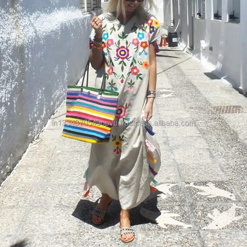 Hit Designer Multicolor Flora Embroidered Tasseled Hem Women Long Maxi Dress Custom Handmade Exclusive Work Boho Chic Vestido