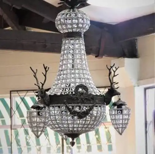 French Crystal Stag Head Basket Chandelier