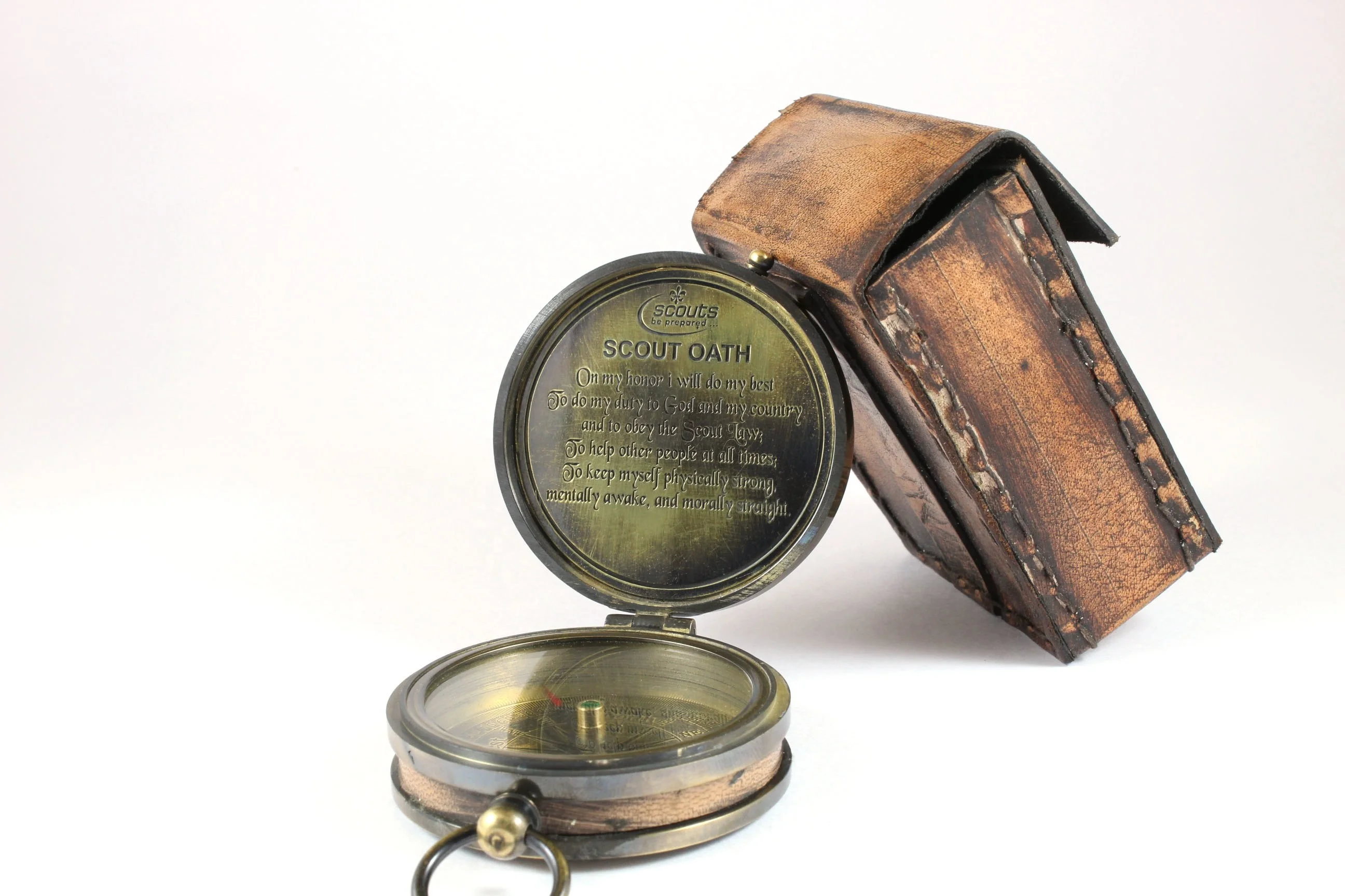 Brass Boys Scout Antique Finish Compass with Engraved Scout Oath Inside Compass with Leather case