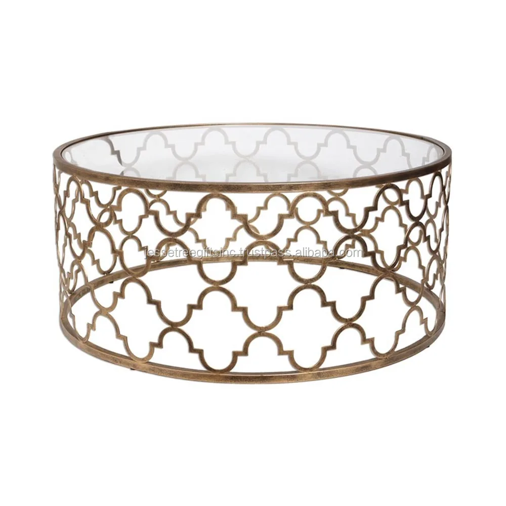 Modern Metal Accent Coffee Table With Round Glass Top Black Color For Garden & Living Room Medium