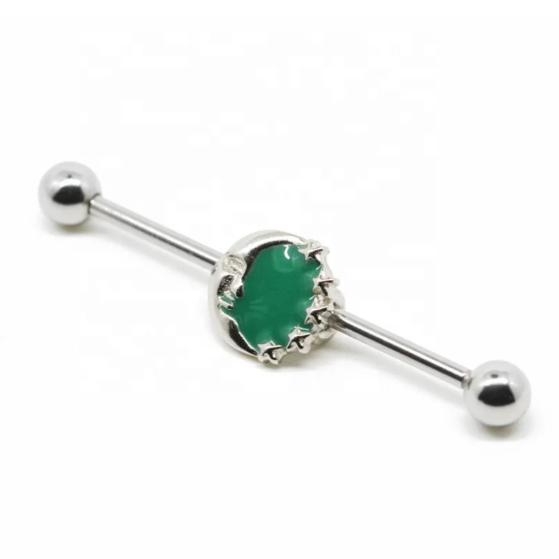14G Green Enamel Zircon Silver Bar Ear Industrial Piercing Jewelry Industrial Barbell Earrings