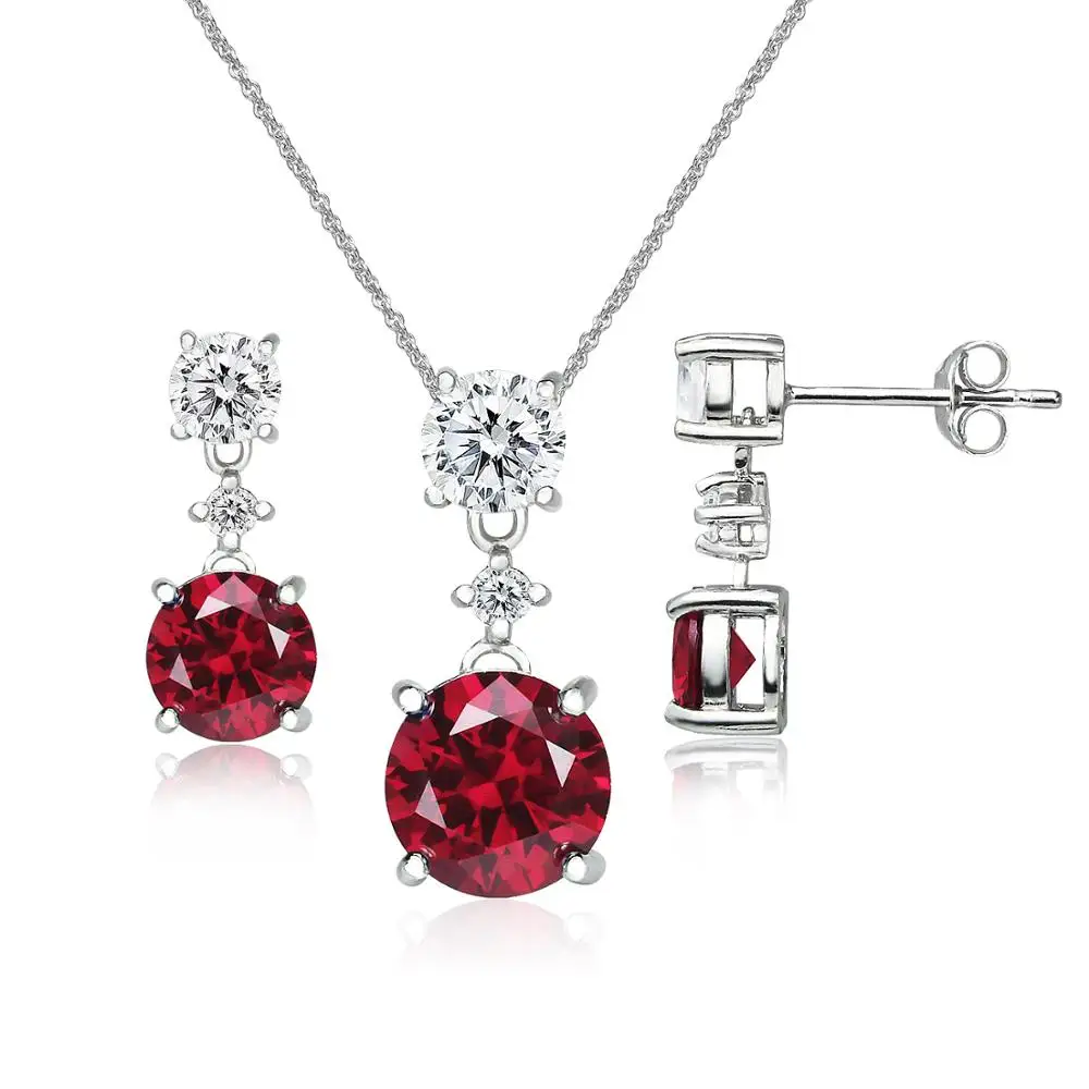 
925 Sterling Silver Round 8mm and 6mm Synthetic Ruby White Topaz Necklace and Stud Earrings Set 