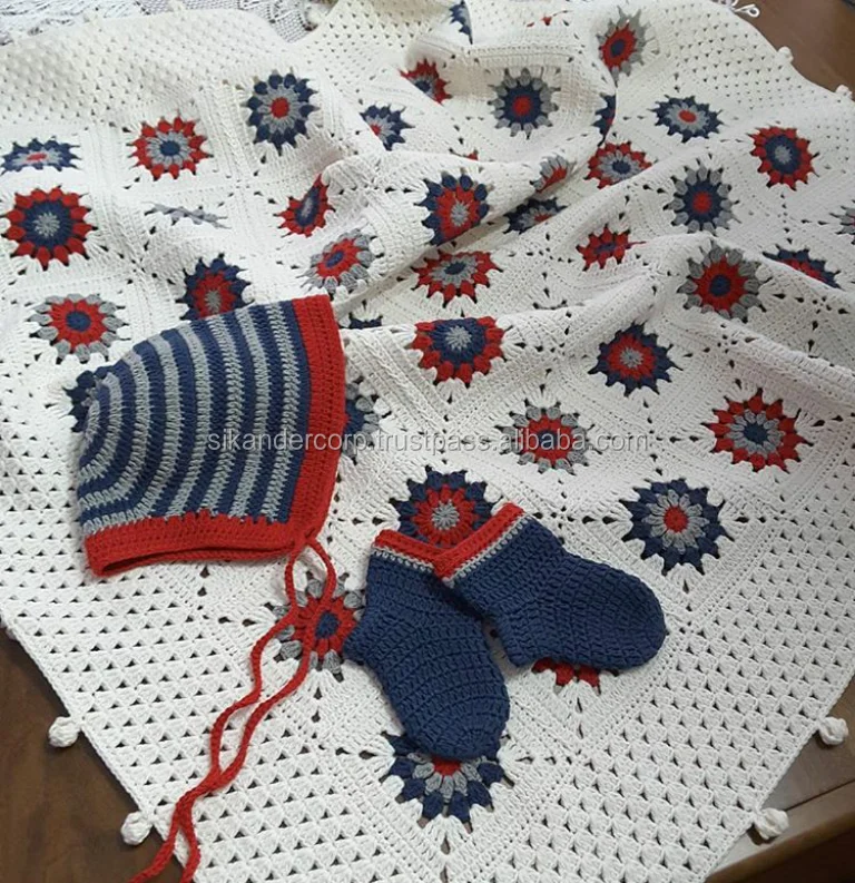 
Crochet Handmade Baby Blanket with matching cap and socks 