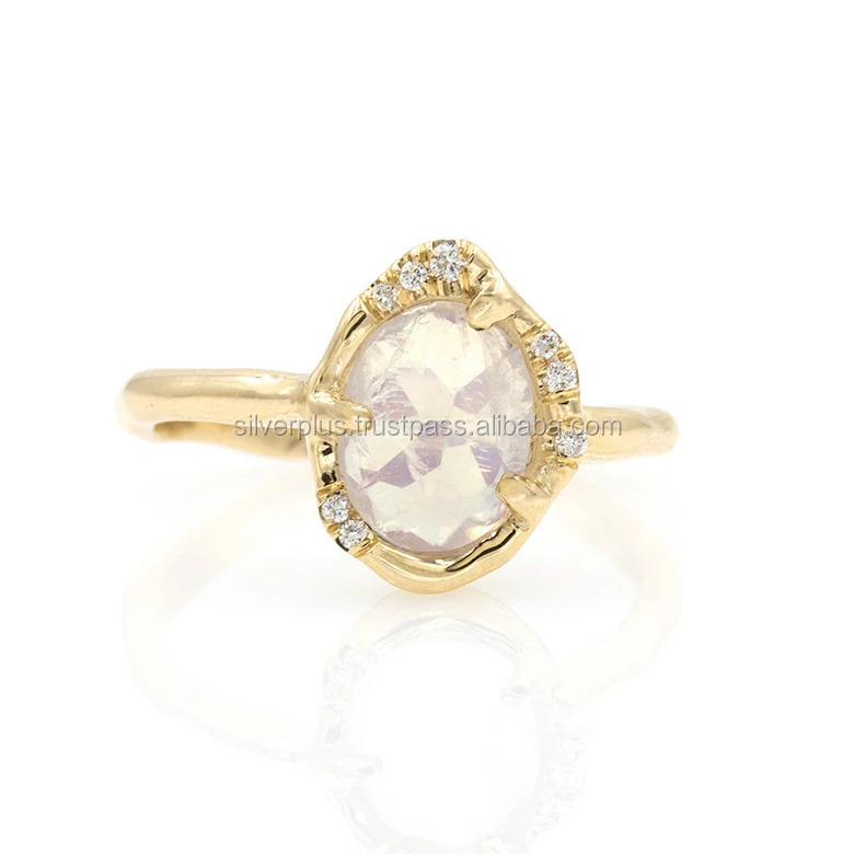 Natural Diamonds Moonstone Ring Solid 14K Yellow Gold Fine Jewelry !! Size 3 to 9