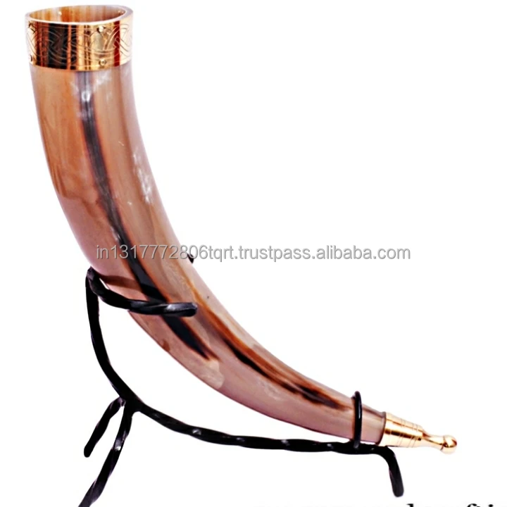 
HOT SALE VIKING DRINKING HORN WITH BRASS MOLDING HORN 16 0Z NATURAL DRINKING HORN 