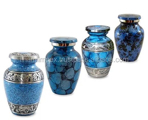 
Set of 4 Small Mini Keepsake Urns For Human Ashes in Blue Fire with Velvet Box 