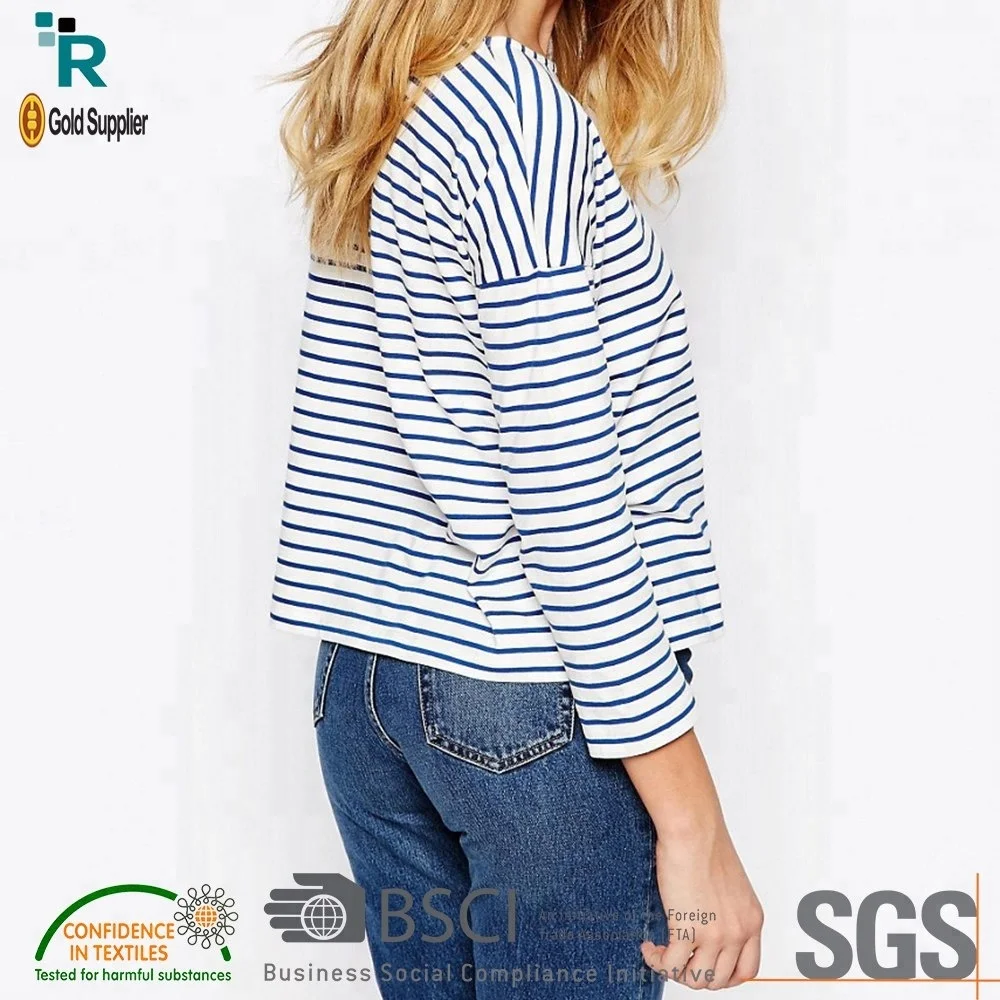 Supper soft pure cotton jersey Bretton stripe boat neckline women regular fit shoulder drop t shirt with pocket