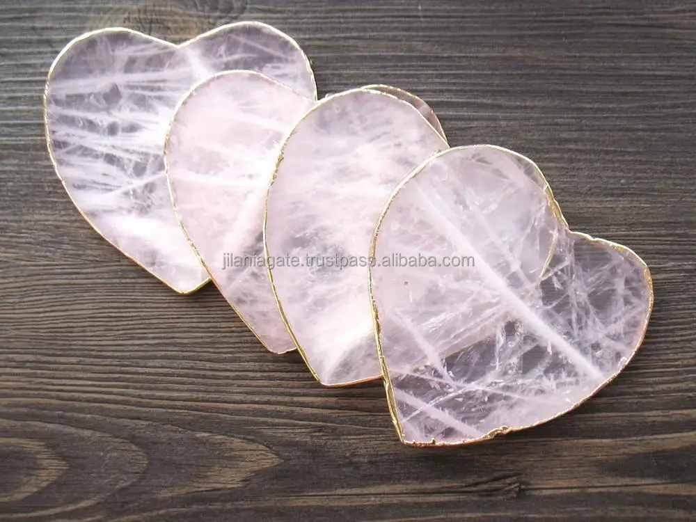 Wholesale Natural Stone Rose Quartz Agate Slices Gold Platted Table & Coaster Heart Pattern Chakra Style Hot Sale Items