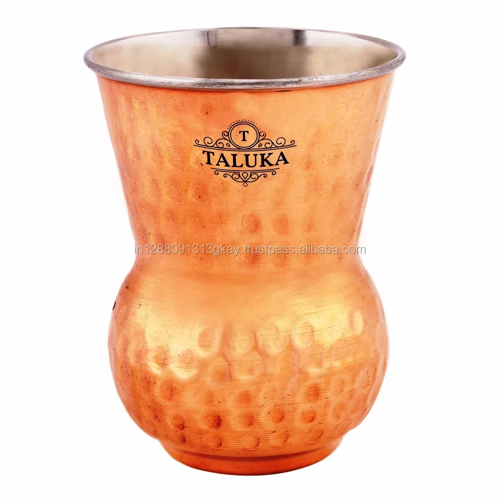 Handmade Hammered round bottom drinking water inside steel outside copper glass cup