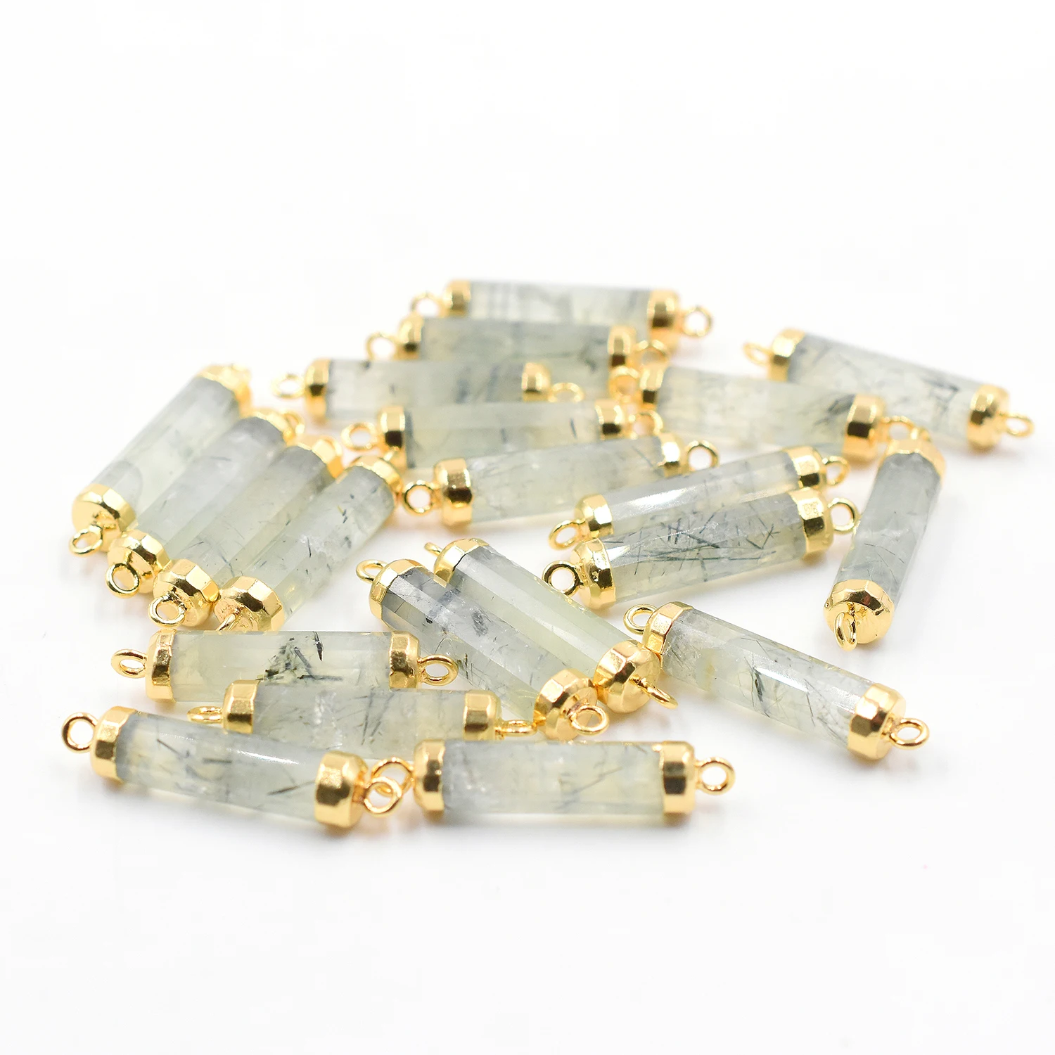 Prehnite 24 To 26 MM With Bail Tube Shape Gold Plated Connector