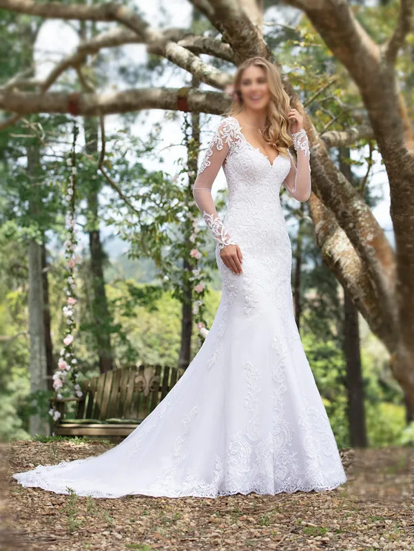 V-Neck African Mermaid Bridal Dresses Long Sleeve Wedding Gowns Elegant African Bridal Gown Fish Tail Wedding Dresses